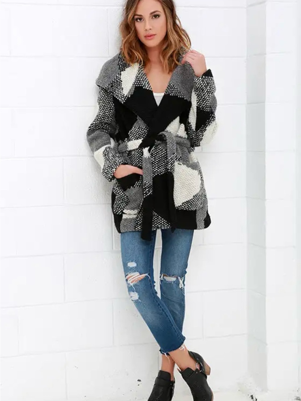 Obey Bexley Wrap Coat Black, Ivory & Grey Print Wool Patchwork XS/S